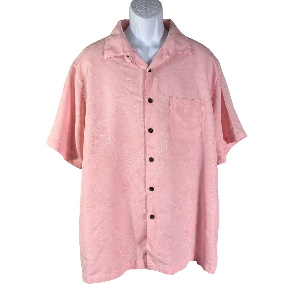 Caribbean Button Up Shirt Mens XXL Pink Jacquard Leaf Modal Blend Short Sleeve